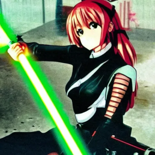 Image similar to generic anime girl with lightsaber driving general Lee.