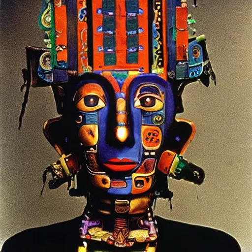 Image similar to A Mayan cyborg, by Nam June Paik, Man Ray, Annie Liebovitz