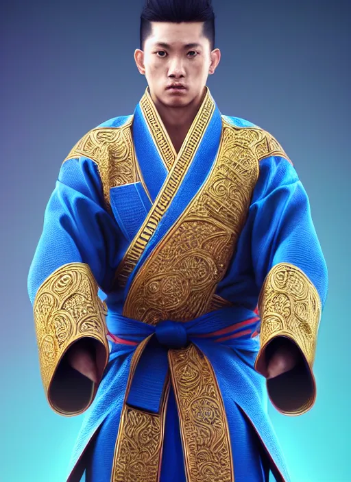 Prompt: male manchurian martial artist!!!! blue eyes!! intricate ornate blue robes!! character concept art, sharp focus, octane render! unreal engine 5! highly rendered!! trending on artstation!! detailed linework!! illustration by artgerm, wlop, and chie yoshii