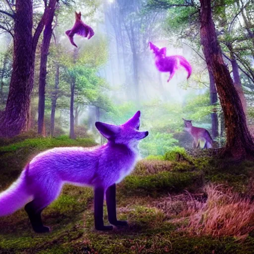 Image similar to an enchanting forest, foxes stand on their hind legs, look at the sky and wave goodbye with their forelegs. there is a purple unidentified flying object in the sky. fantasy. realistic photo. very clear shots.