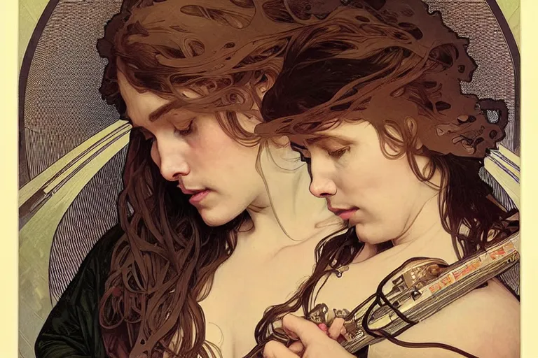 Image similar to hyper realistic portrait of just singer songwriter, by lee bermejo, alphonse mucha and greg rutkowski