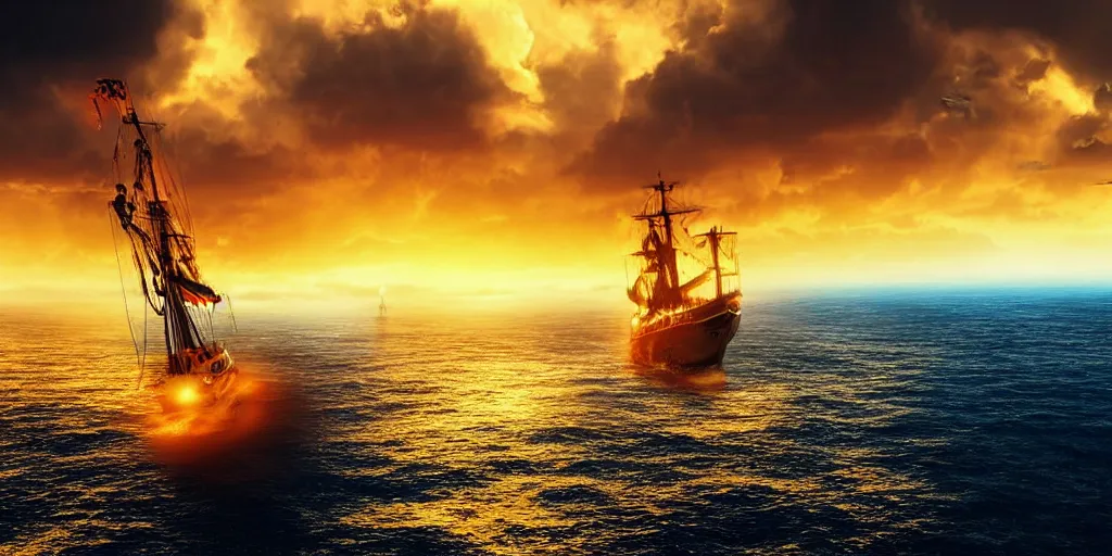 Image similar to close portrait of a ship on the sea, over the shoulder on the ship is a medieval woman ship pilot from behind, dramatic golden neon sunset with wall of storm clouds, wearing shiny breastplate, dynamic lighting, hyperrealistic, hd 4 k, artstation