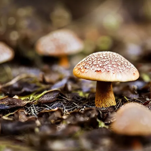 Image similar to macro photo with a singular mushroom character with cute eyes and mycelium, very close to real nature, natural colors and natural surroundings, painted patterns and coloring on mushrooms, 8K, highly detailed, cartoon