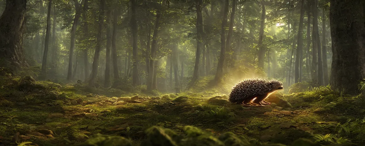 Prompt: an Hedgehog standing in the forrest, beautiful dynamic lighting, cinematic, wide angle establishing shot, extremely high detail, photo realistic, cinematic lighting, post processed, concept art, artstation, matte painting, style by frederic church, raphael lacoste, unreal engine 8k