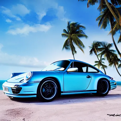 Image similar to porsche on the tropical island, professional photography, vaporwave