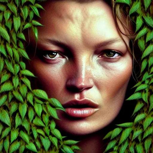 Prompt: a portrait of Kate Moss covered in overgrown vines, face, intricate, digital painting, artstation, intricate, concept art, smooth, sharp focus, illustration, art by Zdzislaw Beksinski