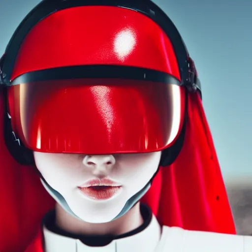 Image similar to headshot of a beautiful female soldier in glossy sleek primarily white armor with tiny red details and a long red cape, looking up at camera, determined expression, no helmet, on the surface of mars, night time, cinematic, sci-fi, hyperrealistic