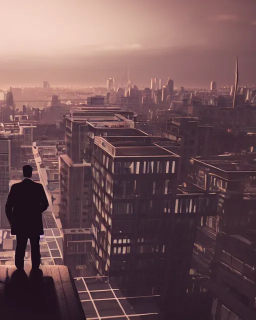 Image similar to a night rooftop scene, close up shot of a photorealistic gangster wearing a trench coat looking at the city below, unreal engine, hyper realism, realistic shading, ray tracing