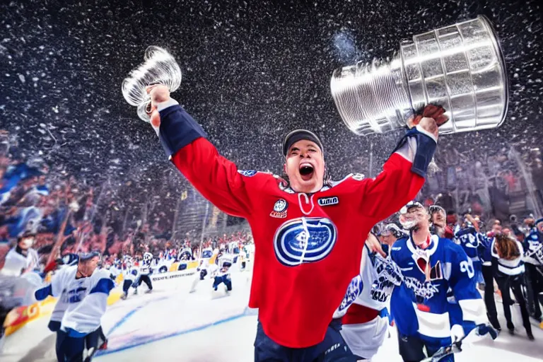 Image similar to Auston Matthews raising the Stanley Cup as a tsunami approaches in the background, photo, 4K