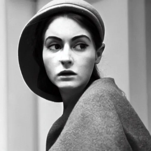 Image similar to still from a masterpiece 1 9 6 0 s french art film, very beautiful and elegant girl in beret with large eyebrows with an angry expression while talking to a man, moody lighting, viewed from afar, cinematic shot, the movie is in color