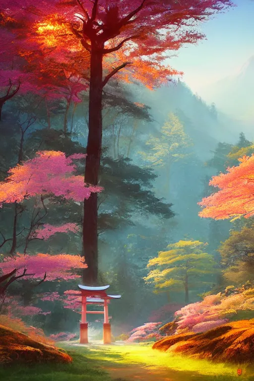Prompt: traditional elegant delicate Japanese Torii in a colorful magic moutain with trees ,morning , sunshine ,by Grzegorz Rutkowski, concept art