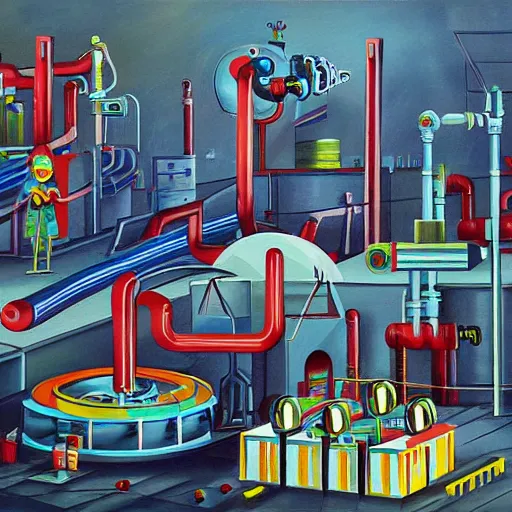 Image similar to a futuristic factory with pipes and robotic machinery make toys, in the style of salvador dahli, painting,