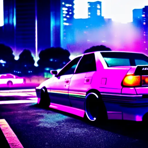 Image similar to a car JZX100 at illegal car meet, Saitama prefecture, city sunset mist neon lights, cinematic color, photorealistic, highly detailed, 50MM