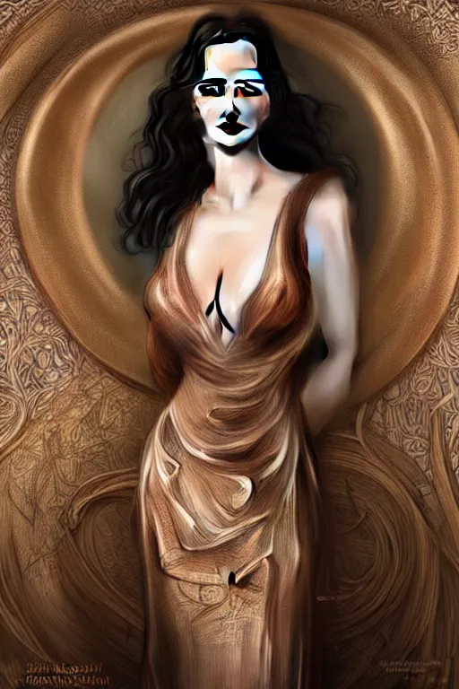 Prompt: Eva Green with a rose gold dress, with no derpy face, hyper realistic portrait, intricate, elegant, highly detailed, digital painting, artstation, concept art, rough, sharp focus, illustration, art by artgerm and greg rutkowski and alphonse mucha