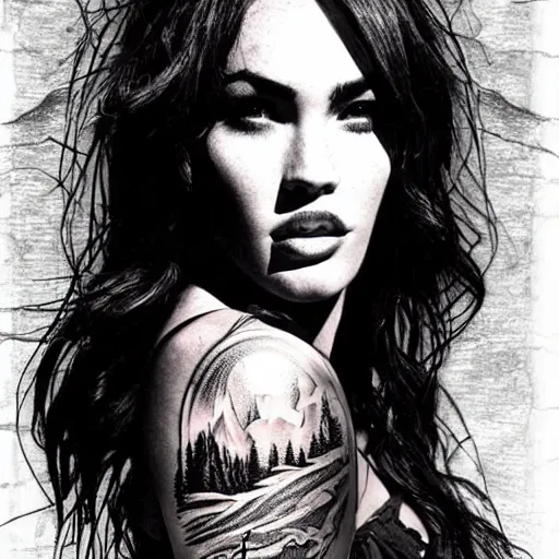 Image similar to tattoo design sketch with double exposure effect, megan fox face faded with beautiful mountain scenery, in the style of matteo pasqualin, amazing detail