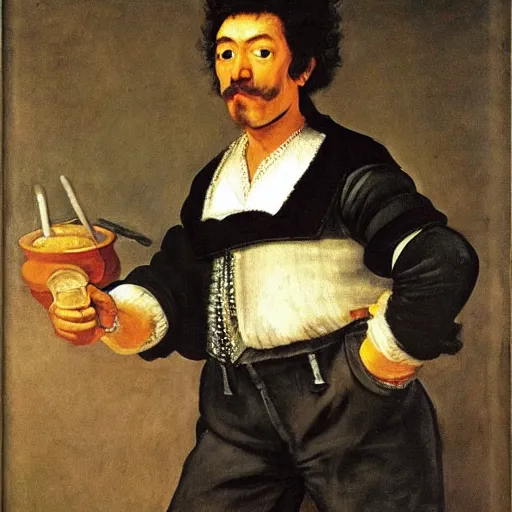 Prompt: dark skinned sly man with low cut short black hair, dressed in loose casual fantasy clothes, by Frans Hals