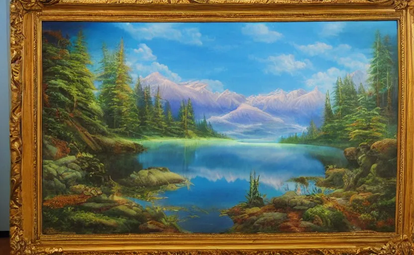 Prompt: beautiful award winning mythical painting of a canadian lake, 4 k, ultra hd