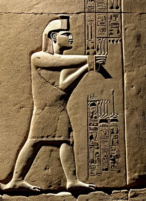 Image similar to ancient egyptian relief of a man shooting a bolt action rifle