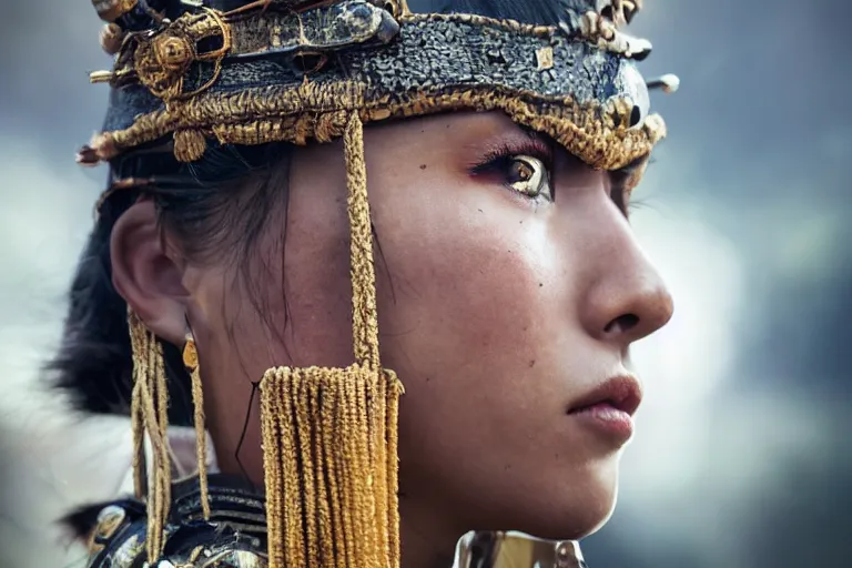 Image similar to close - up photo of a beautiful tai warrior princess in a battle scene, detailed eyes, shallow depth of field, photorealistic, cinematic lighting, lovely bokeh, warm colours, dusk