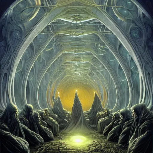 Prompt: a quantum computer, a dark cabal of multiple hooded elven mystics in long robes gathered in a circular formation around a quantum computer, highly advanced technology, dan seagrave, michael whelan art, beautifully detailed epic scifi fantasy art, symmetrical, cgsociety, artstation