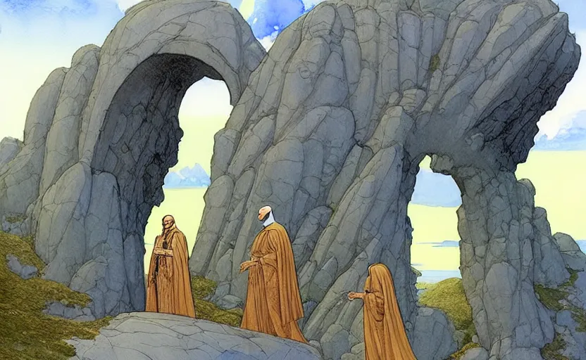 Prompt: a hyperrealist watercolour concept art of a dimensional time portal in the shape of a large rock arch. a medieval monk in grey robes is in the foreground. by rebecca guay, michael kaluta, charles vess and jean moebius giraud. high detail, hq, wide shot