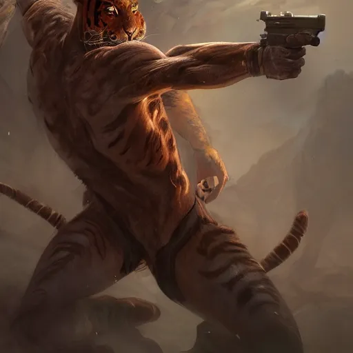 Image similar to a award winning commission of a half human half tiger mutant anthro soldier shooting,digitalt art,hyperdetailed,photorealistic,art by greg rutkowski,character design by charles bowater,ross tran,deviantart,artstation,high detailed,cinematic,movie scene,detailed face