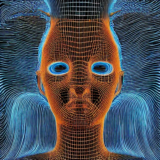 Image similar to three dimensional portrait of a robot inspired by data - driven art, generative, coding, particle waves, spirals