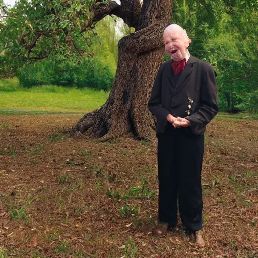 Prompt: russel m nelson eats a casserole. He is wearing a victorian dress and is standing by a tree