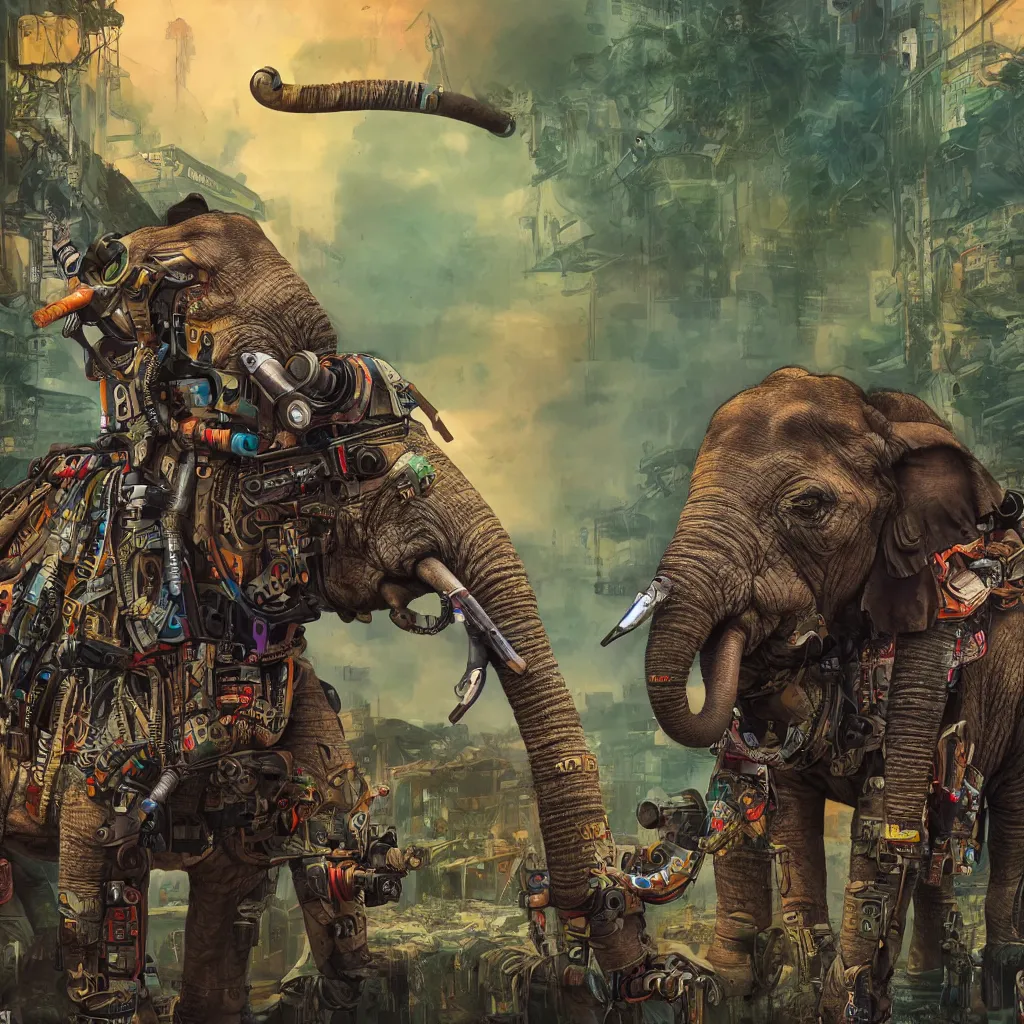 Prompt: war cyberpunk elephant with machine gun mounted in a vivid color jungle, 4 k, detailed, digital art