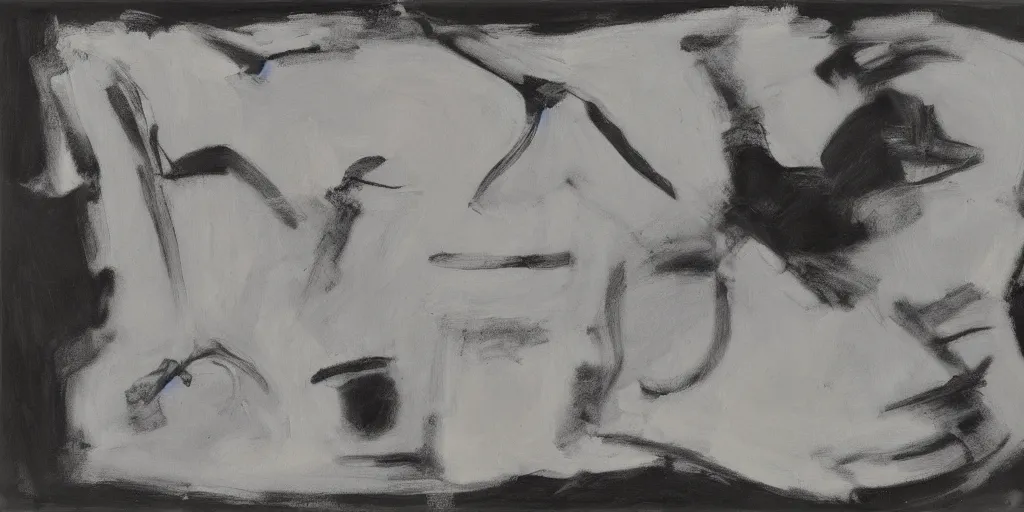 Prompt: large black white painting by de kooning on white canvas, soft blue and pink tints, thin black lines, detailed by martha jungwirth drawing sketch pencil on paper, painted by yves tanguy, oil on canvas, mark rothko painting, thick impasto, broad campitures