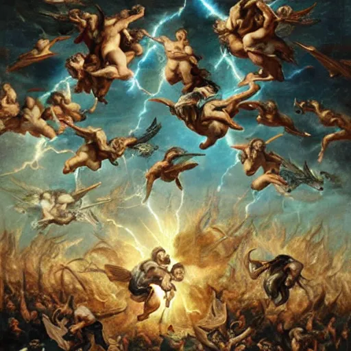 Image similar to thousands of rebel angels falling from heaven as meterorites, epic lighting, disaster clouds, michael bay style