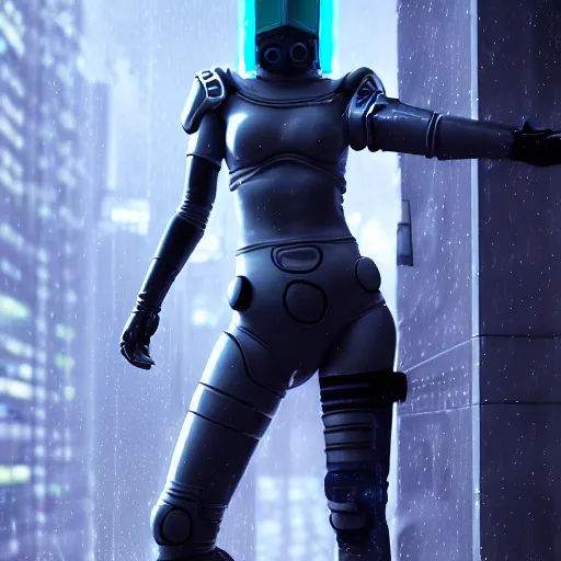 Image similar to An hyperrealistic portrait painting of a female cyberpunk armor ninja, no face mask, blue and ice silver color armor, cyberpunk feel raining at tokyo midnight rooftop, unreal 5, DAZ, 8k, hyperrealistic, octane render, cosplay, RPG portrait, final fantasy artwork concept, dramatic lighting, rim lights, PS5 render quality