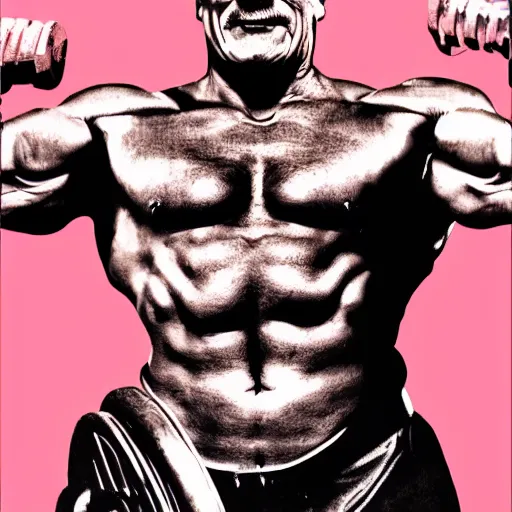 Prompt: a picture of the body of hulk hogan with the head of patrick stewart, viewed from far away, lifting weights, sharp focus, vector, 4 k, by victor mapplethorpe