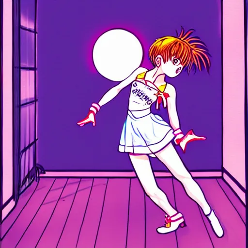 Prompt: cute girl wearing a white girl dancing joyfully in her bedroom at night, cyberpunk lighting, illustrated by naoko takeuchi