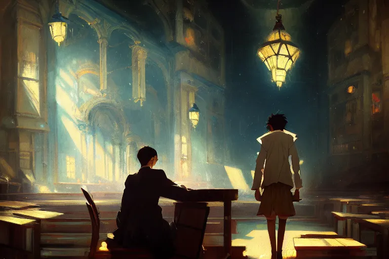 Image similar to baroque oil painting of anime key visual concept art of teacher in giant auditorium, trending on artstation, palette knife and brush strokes, oil on canvas, style of makoto shinkai greg rutkowski studio ghibli