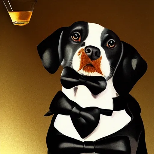 Image similar to a beautiful illustration painting of a dog in a tuxedo drinking whiskey by rutkowski featured on artstation, studio lighting, photorealistic digital art