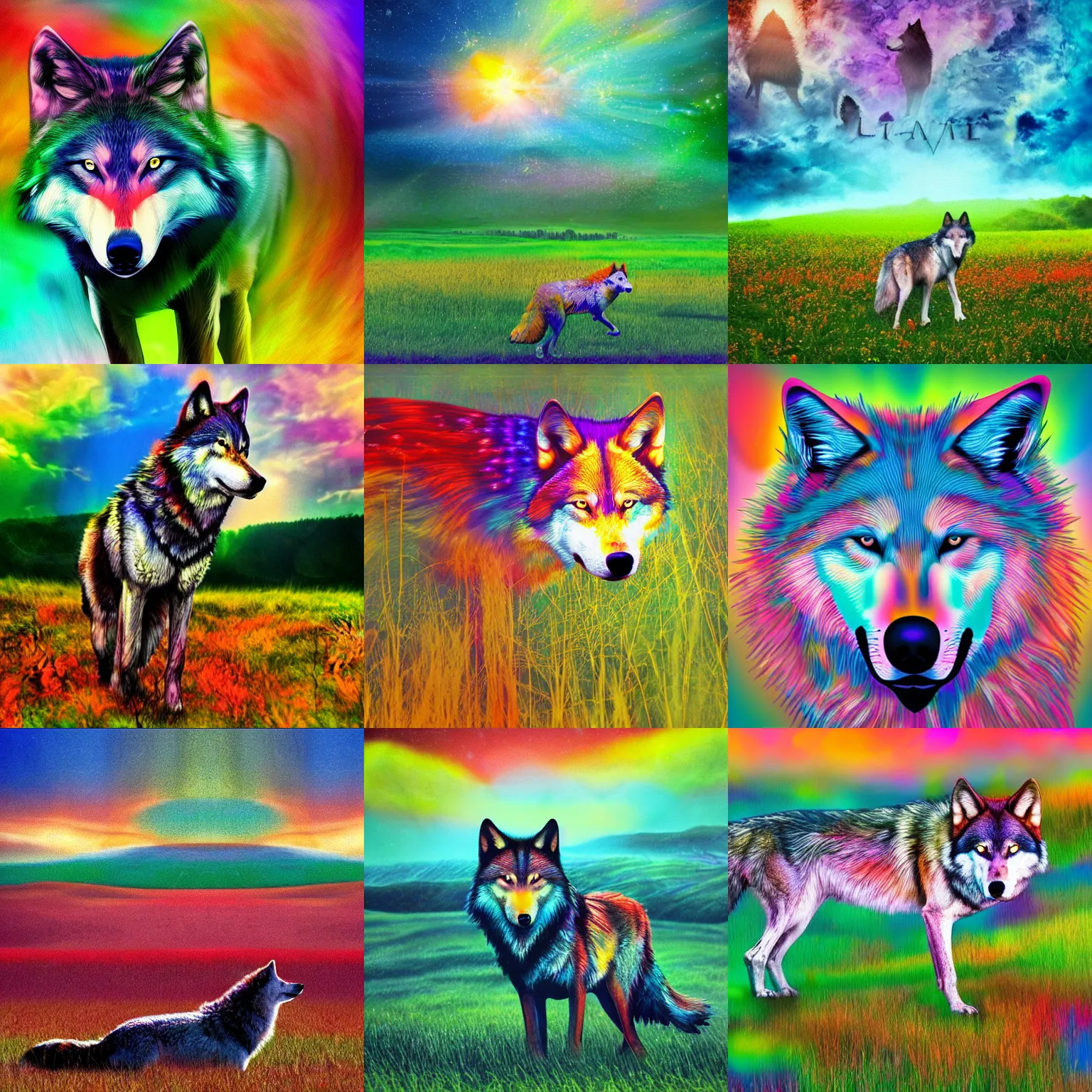 Prompt: multicolored surreal dreamscape vision of a wolf in a field