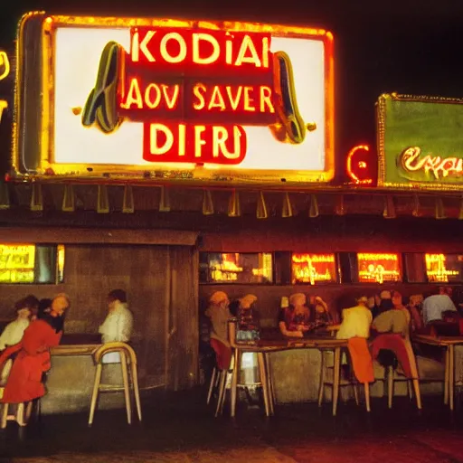 Prompt: kodachrome color photograph of a medieval tavern that is also a 1 9 5 0 s drive - in diner with neon signs, fantasy, medieval, americana, european architecture