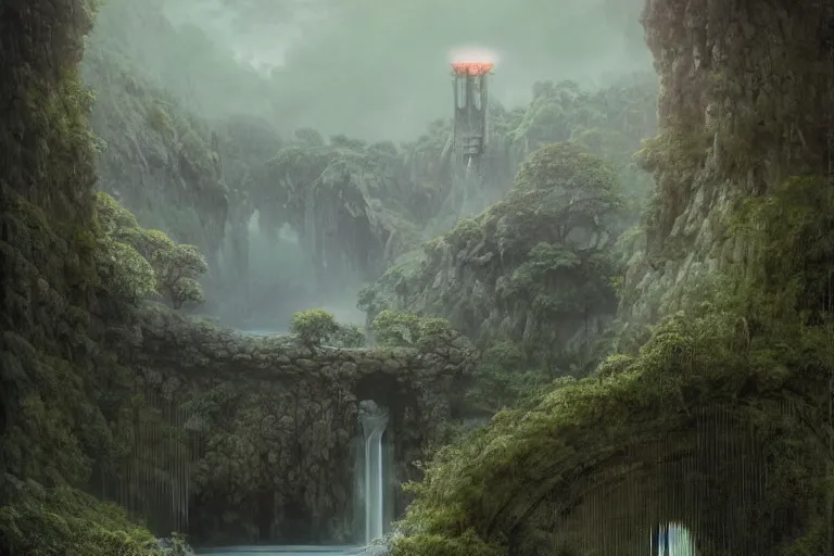 Prompt: Rivendell Himeji Eden hallucination, gleaming brutalist Japanese castle overlooking the Garden of Eden, Fertile Valley, Waterfalls and lakes, amazing concept painting, by Jessica Rossier by HR giger by Beksinski,