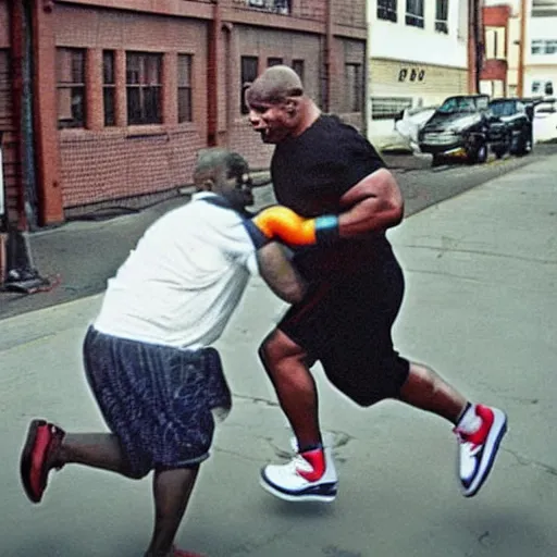 Image similar to mike tyson chasing an obese man through a street, hyper realistic, very realistic.