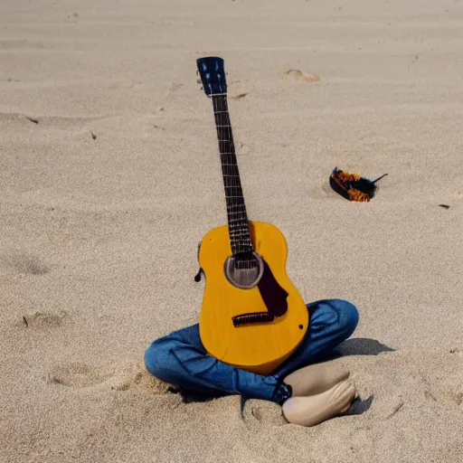 Prompt: a rabbit playing a guitar sitting on a beach in Sweden