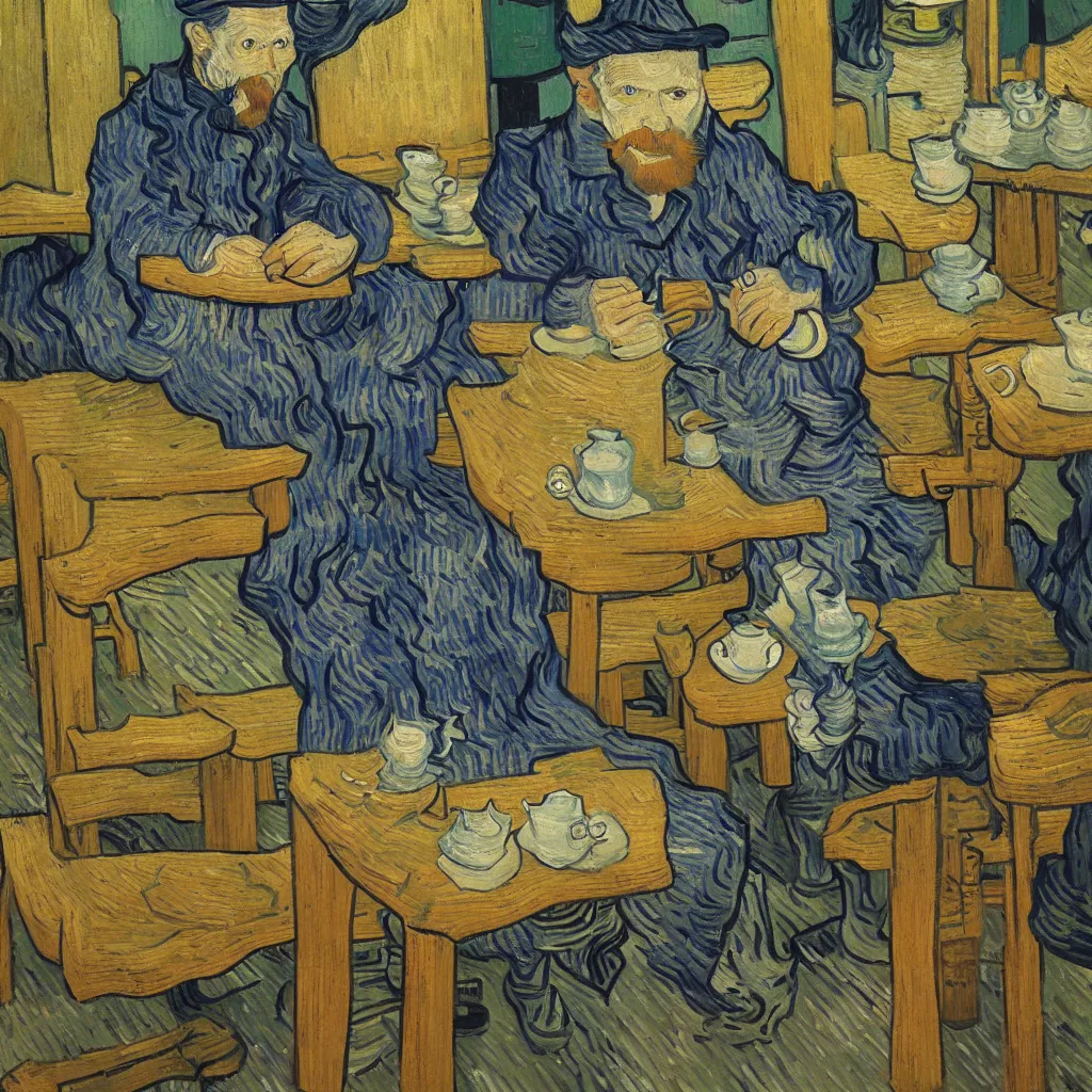 Image similar to van gogh drinking tea in chengdu, by lijiayan, trending on artstation.