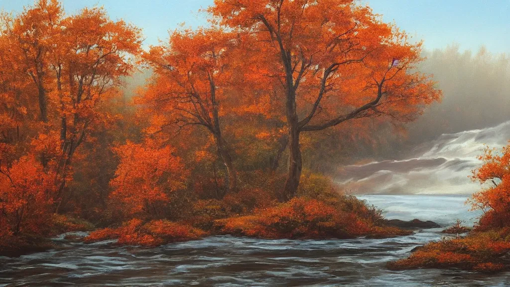 Image similar to A beautiful oil painting of a single tree, the tree is at the top of a hill, the tree is in the rule of thirds, the fall has arrived and the leafs started to become golden and red, the river is zigzagging and flowing its way, the river has lots of dark grey rocks, by Greg Rutkowski