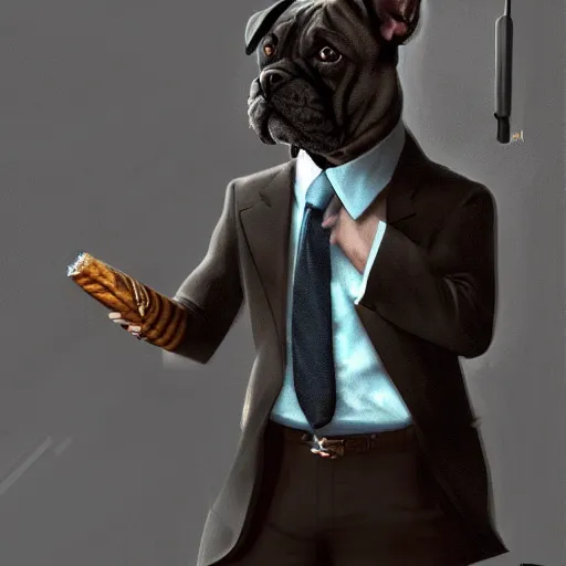 Image similar to a dog wearing a business suit smoking a cigar, dramatic lighting, cinematic, establishing shot, extremly high detail, photorealistic, cinematic lighting, concept art, artstation, style by greg rutkowsky