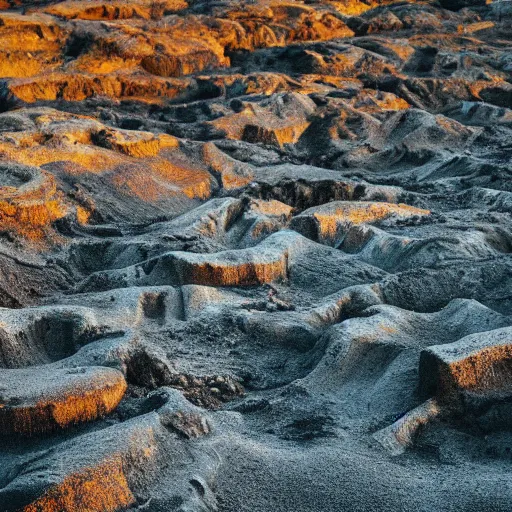 Image similar to huge deep stone quarry landscape bottom-up view of dirty stones in a quarry of different fractions in the evening light ultra detailed by Emmanuel Lubezki, golden hour, atmospheric lighting, 8k resolution, best color graded, vray beautiful, hyper-realistic render W 1920 H 1080