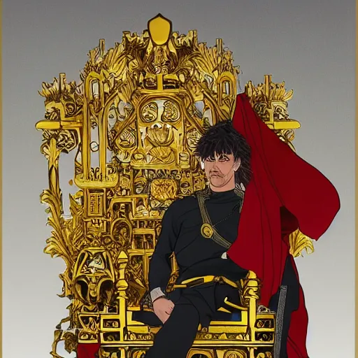 Image similar to modern self portrait of man sitting on throne, legs crossed, while holding a sword, white man, hispanic, brown hair, light skin, golden throne, sharp, marker, red robes, 8 k, hi - rez, clear, brown eyes, colored, green plants and golden background, sun in the sky, palace scenery, sharp, illustrated byyoji shinkawa