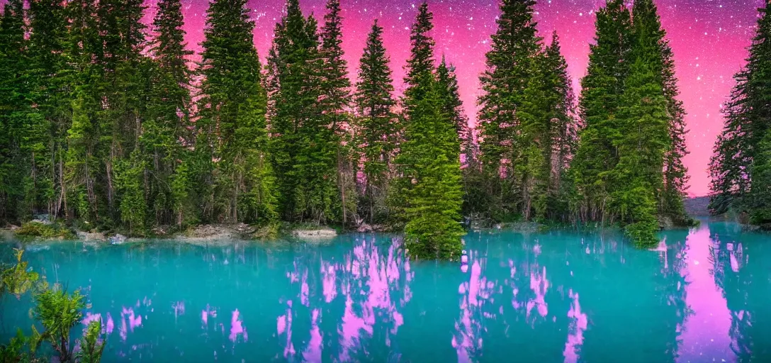 Image similar to a lake with pink flowing water under the stars surrounded by luscious trees