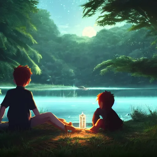 Image similar to a silver dragon and a boy sitting together next to a lake watching firefly at night in forest, concept art, dof, cryengine, digital art, detailed background, makoto shinkai