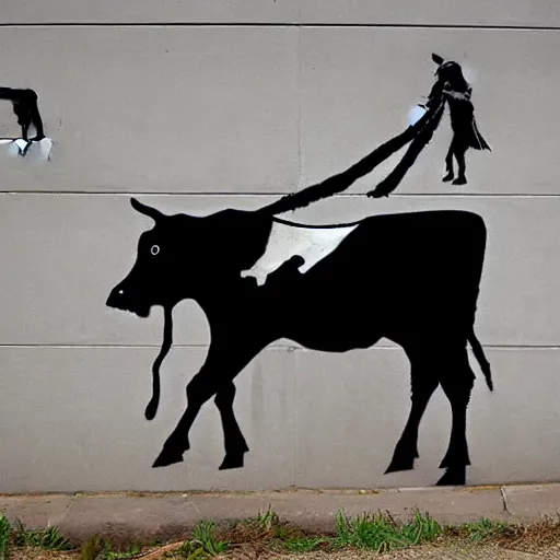 Prompt: a grim reaper walking a cow with a rope in the style of banksy