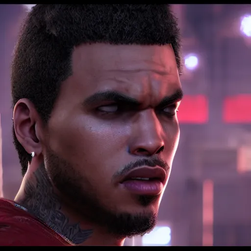 Image similar to a videogame still of Chris Brown in Tekken 7, 40mm lens, shallow depth of field, split lighting